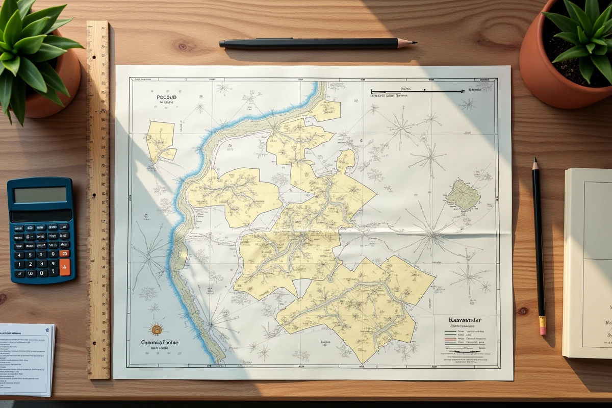 Vue aérienne d'une carte cadastrale avec conversions en ares et hectares sur un bureau en bois rustique