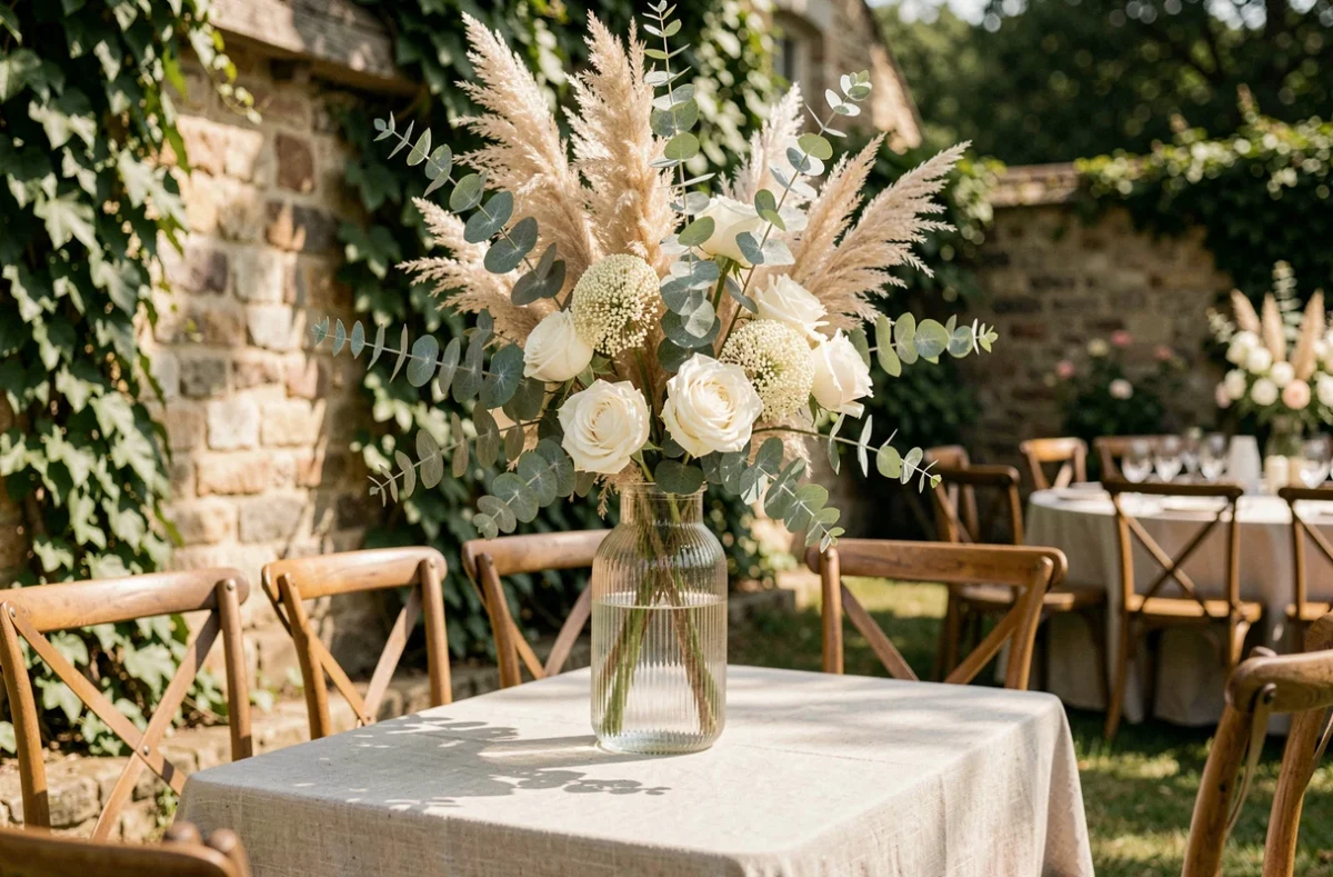 Centre de table mariage élégant avec des branches de Chamelaucium Geraldton Wax mélangées à des roses blanches et de l'eucalyptus dans un jardin français en plein air