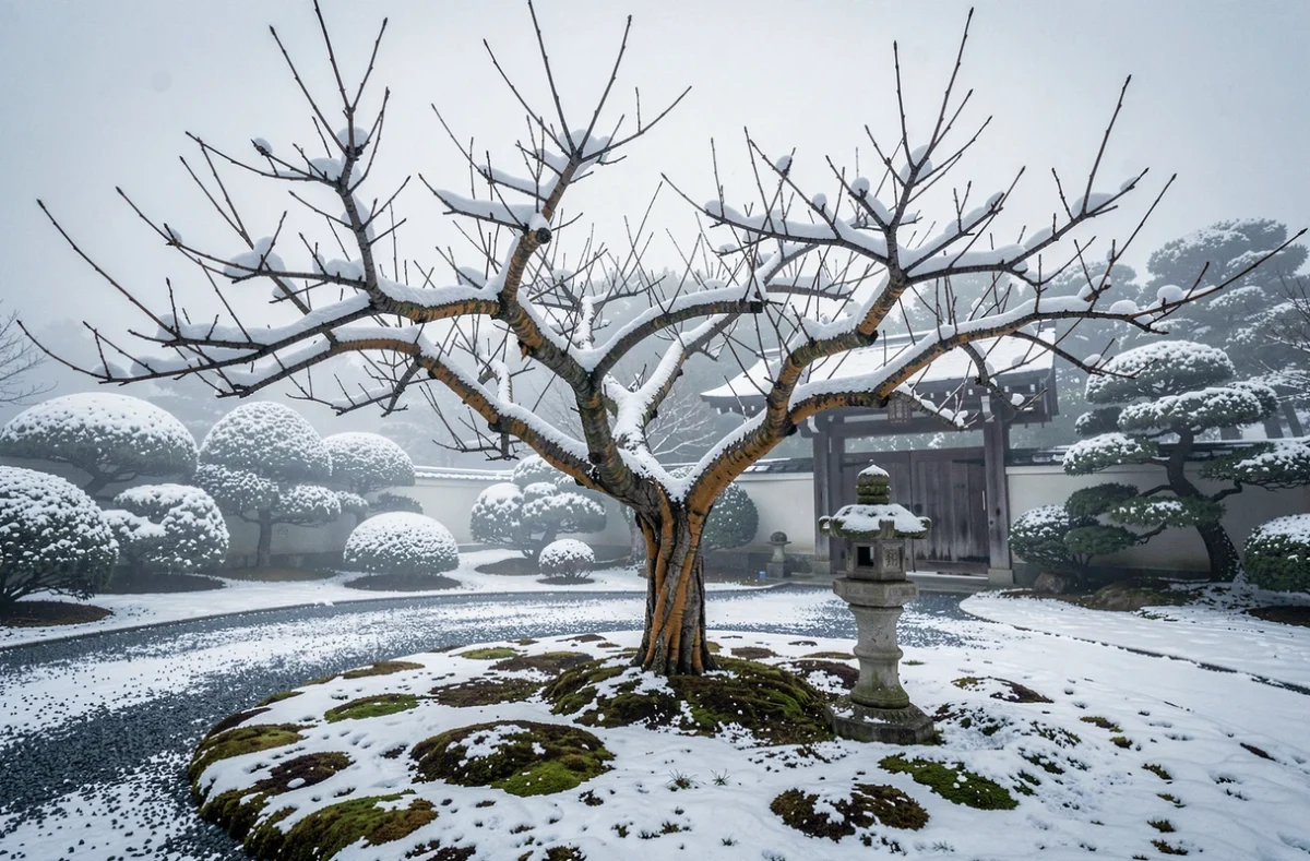 Cerisier japonais enneigé en hiver dans un jardin avec lanterne en pierre