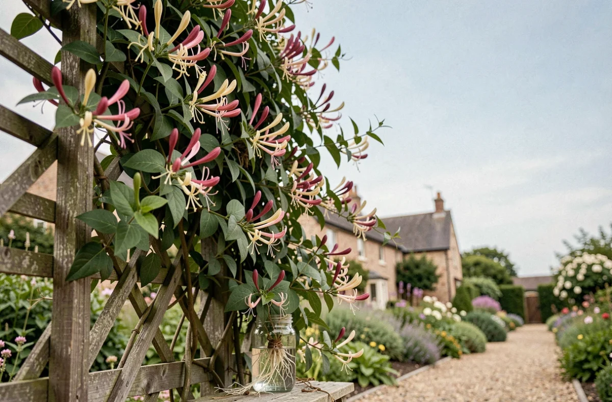 Chèvrefeuille en fleurs sur un treillage en bois avec un bocal de boutures enracinées posé au premier plan dans un jardin de cottage