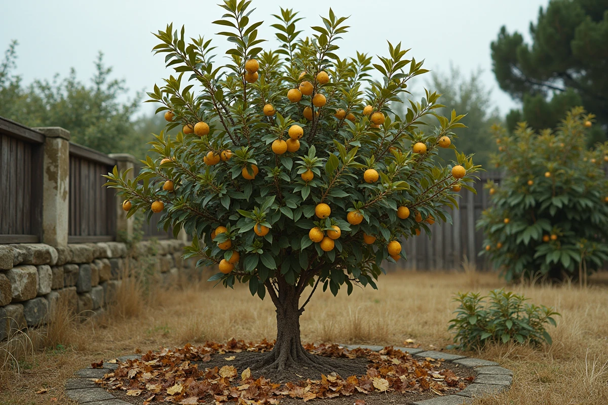 Citronnier en pleine terre avec feuillage abîmé, tâches marron généralisées et feuilles tombées au sol
