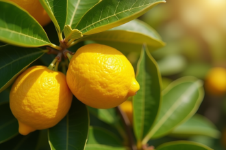 Citronnier en fleurs dans un jardin ensoleille avec citrons jaunes