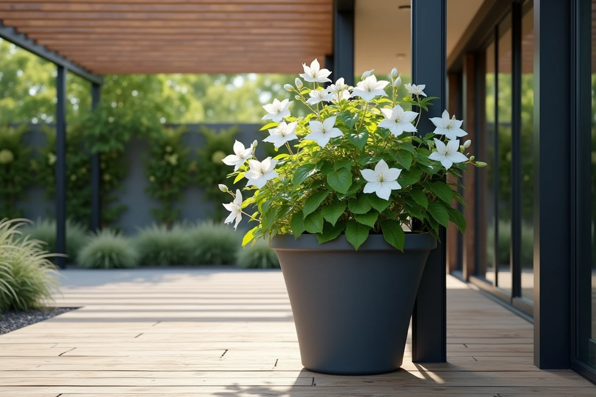 Clématite blanche en pot sous pergola dans un coin mi-ombre d'une terrasse moderne en bois