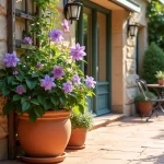 Clématite en pot sur une terrasse ensoleillée grimpant sur un treillis en bois contre un mur en pierre