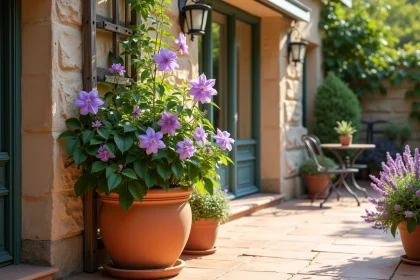 Clématite en pot sur une terrasse ensoleillée grimpant sur un treillis en bois contre un mur en pierre