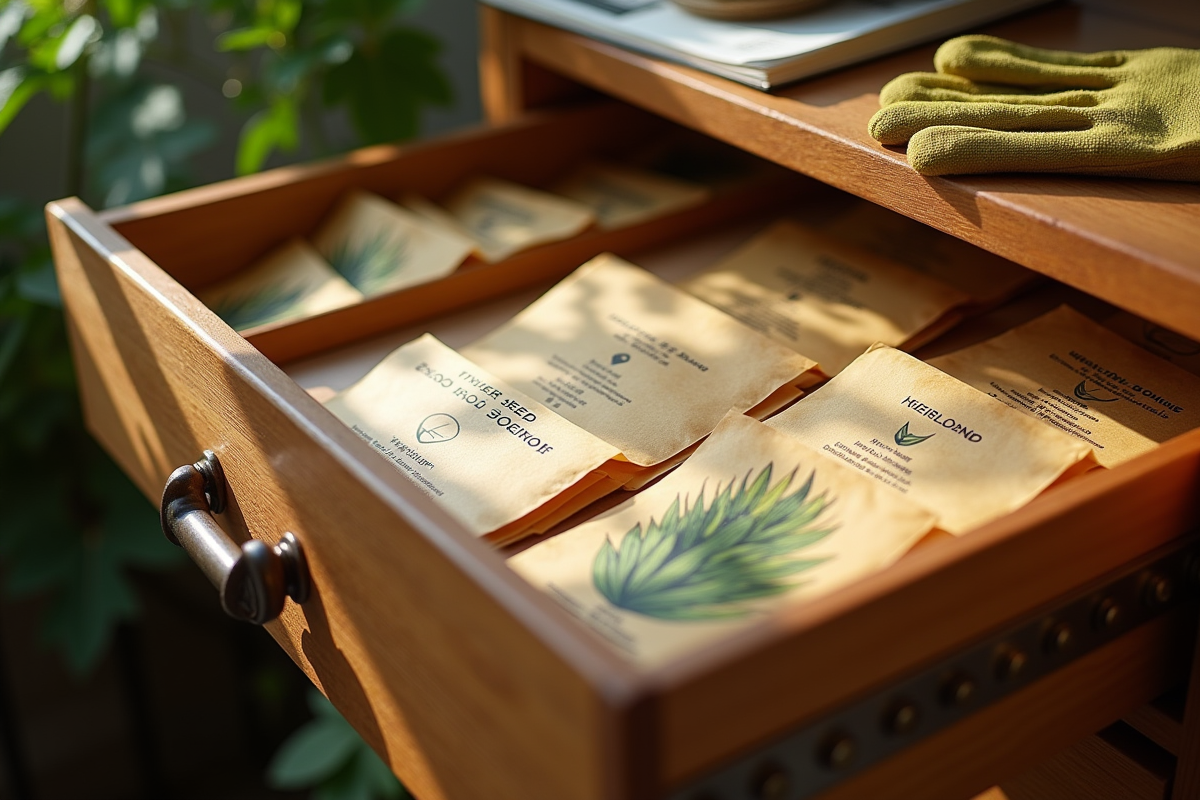 Coffre à graines avec enveloppes étiquetées et guide de jardinage