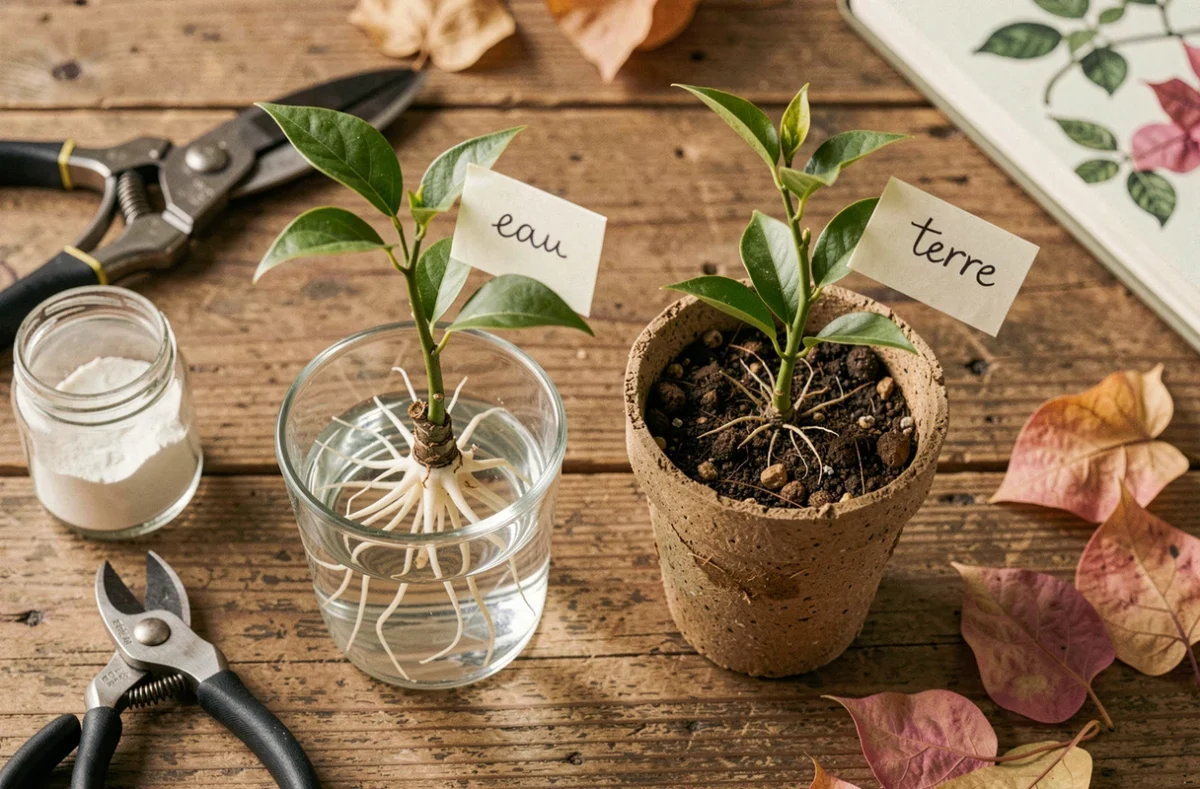 Comparaison de deux boutures de bougainvillier, l'une dans l'eau et l'autre en terre, posées sur une table en bois