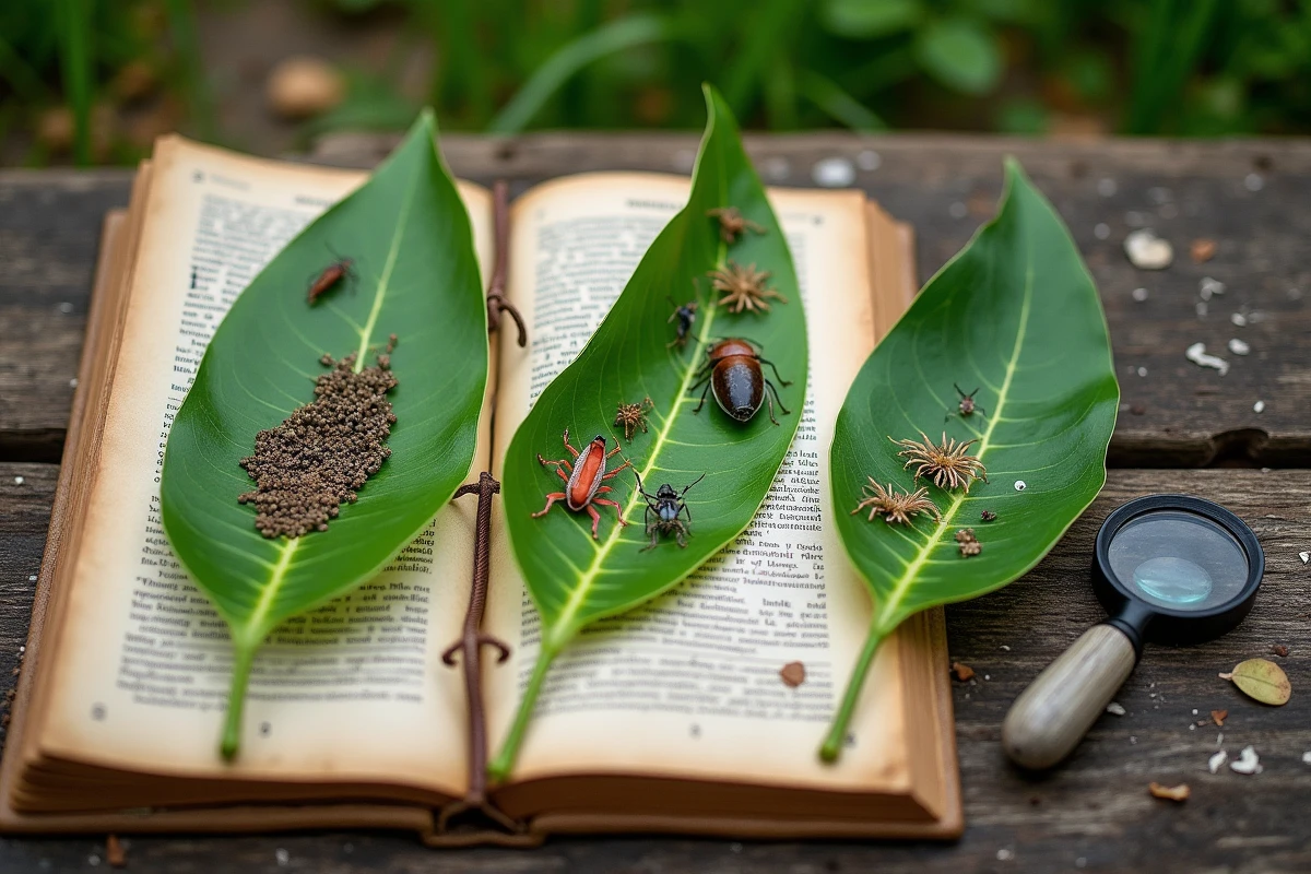 Comparaison de trois types de parasites sur des feuilles de laurier rose : pucerons, cochenilles et mineuses, avec loupe et guide botanique