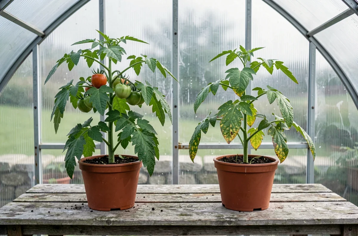 Comparaison entre un plant de tomate sain et un plant souffrant de carence en magnésium en serre