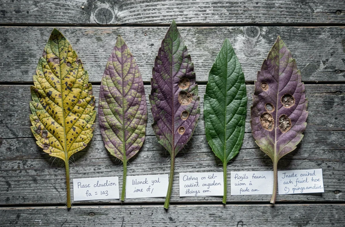 Comparaison de feuilles de tomates présentant différents symptômes de carences et de maladies sur bois rustique