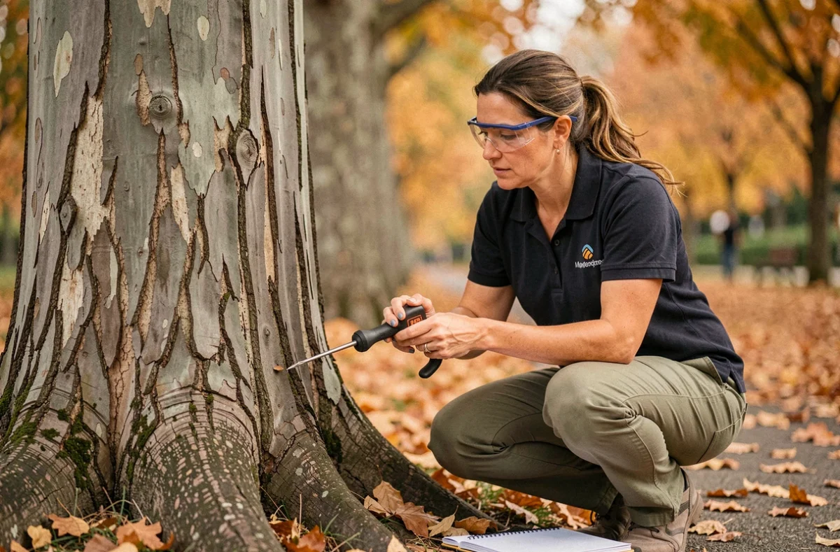 Consultante en arboriculture inspectant le pied d'un platane dans un parc public à Clamart