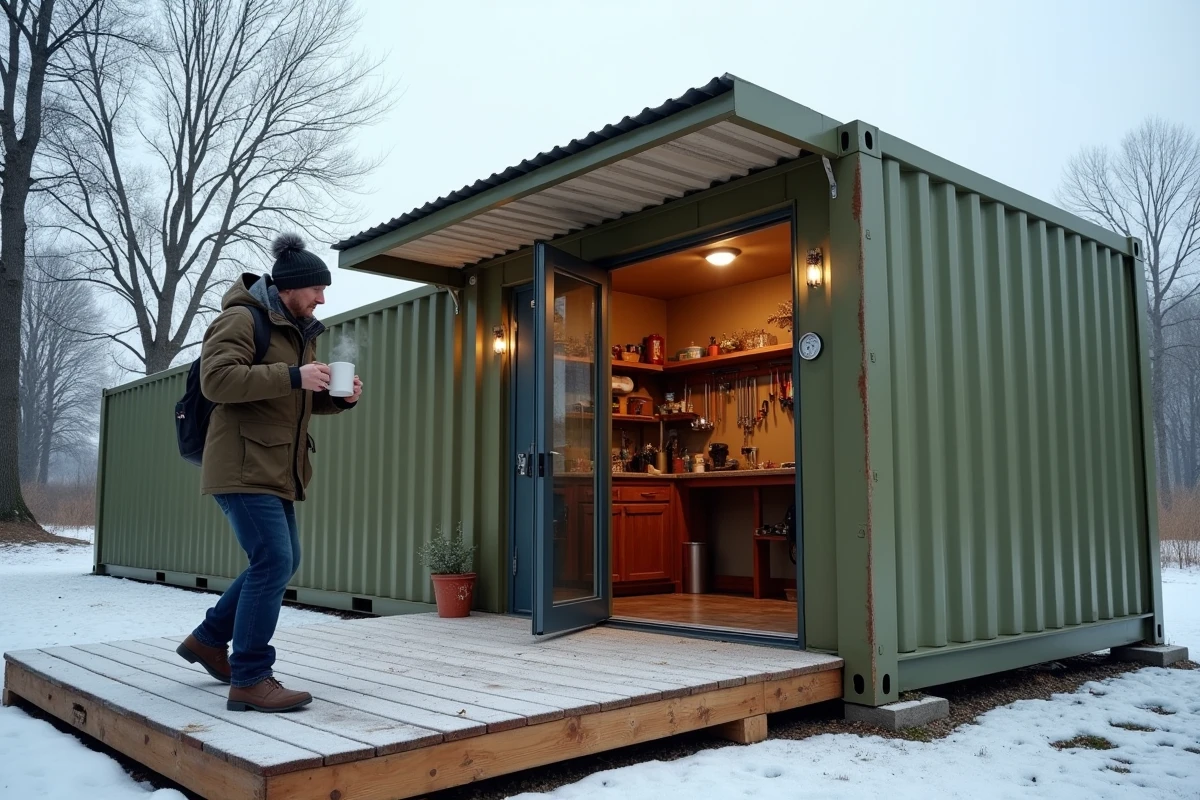 Conteneur abri de jardin isolé utilisé comme atelier en hiver avec givre au sol