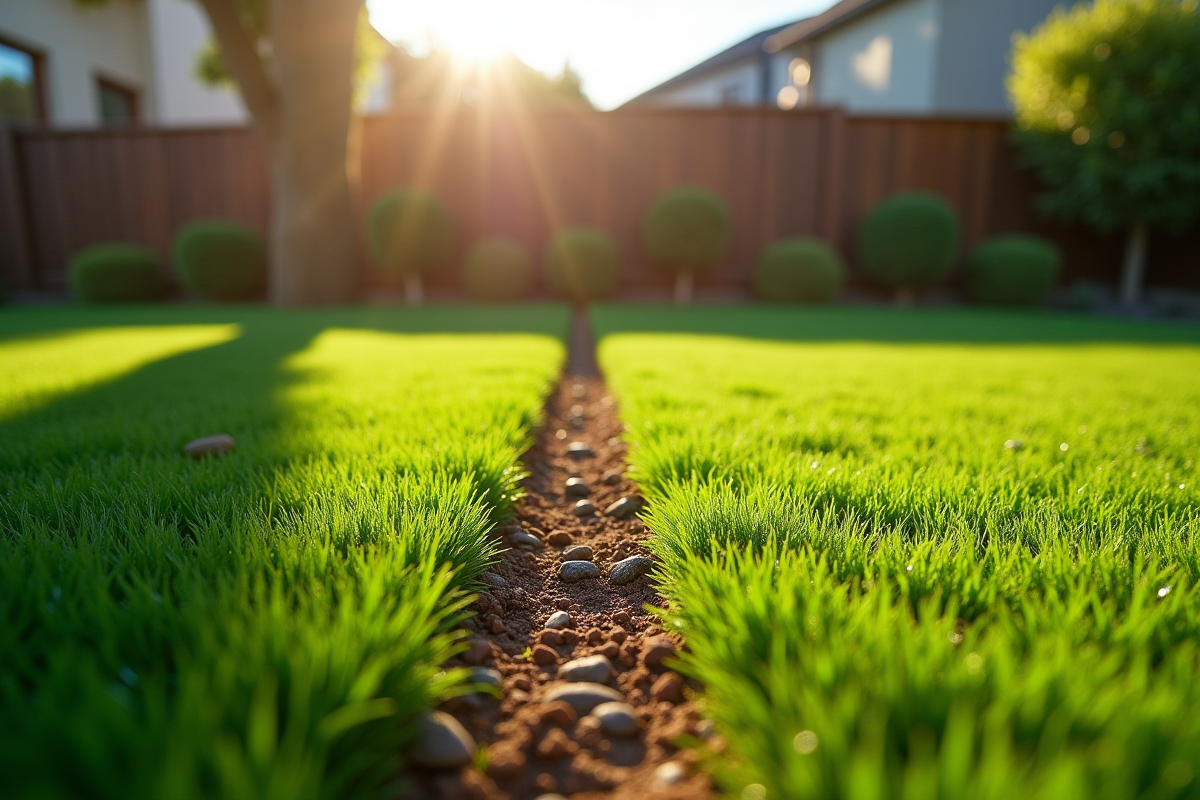 Côté de jardin avec gazon artificiel et sol naturel séparés en plein jour