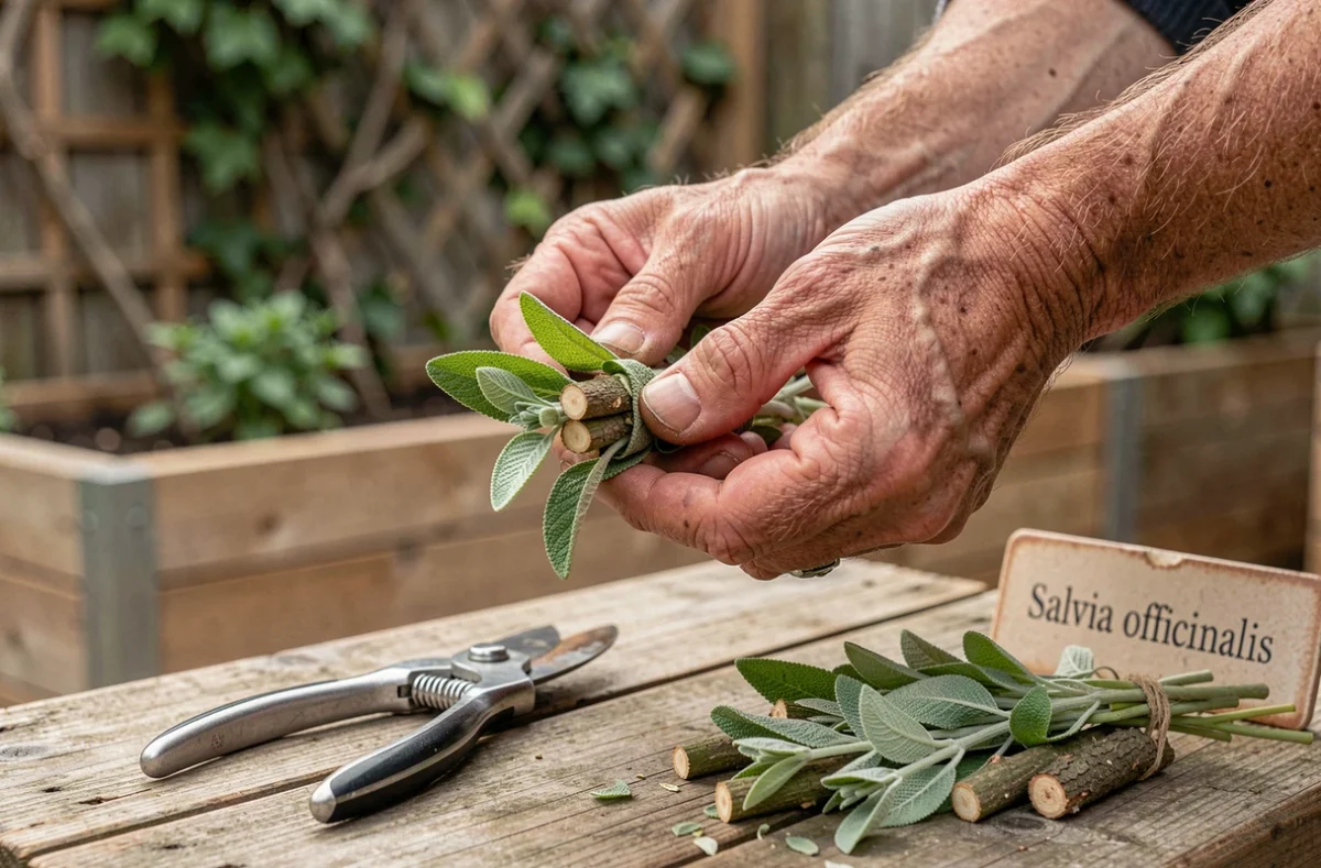 Mains tenant des tiges de sauge officinale taillées avec un sécateur sur un établi de jardin