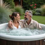 Couple souriant dans un jacuzzi moderne en plein air