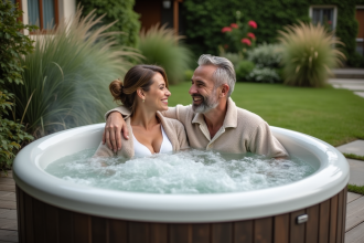 Couple souriant dans un jacuzzi moderne en plein air