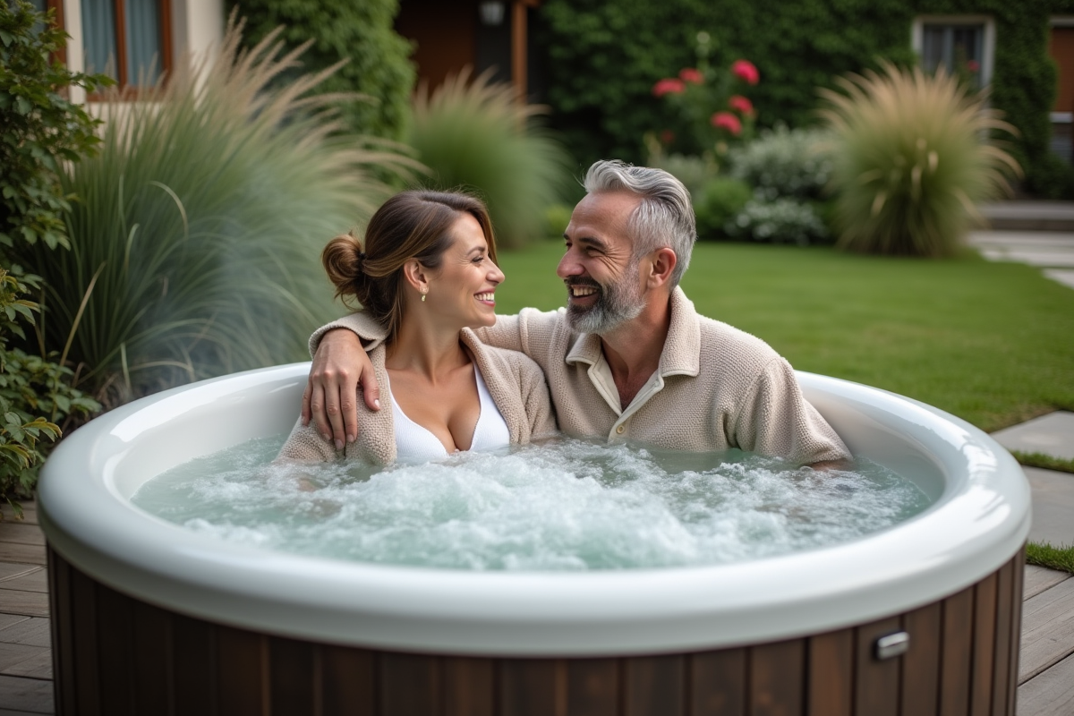 Couple souriant dans un jacuzzi moderne en plein air