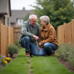 Couple inspectant une nouvelle cloture en bois dans leur jardin