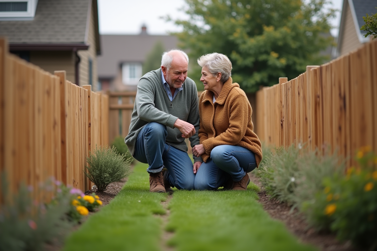 Couple inspectant une nouvelle cloture en bois dans leur jardin