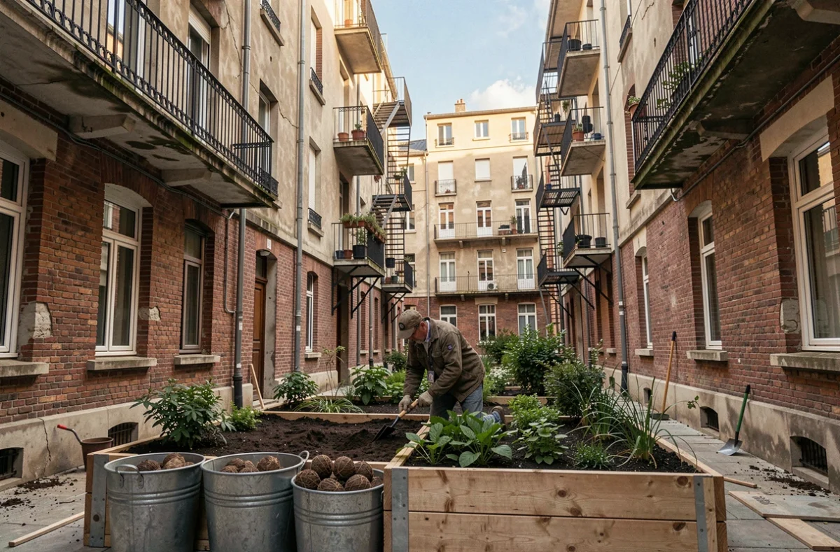 Création d'un jardin dans une cour intérieure dense en milieu urbain de Seine-Saint-Denis