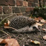 Crotte de hérisson sur sol de jardin urbain entourée de feuilles mortes et de terre, vue macro rapprochée