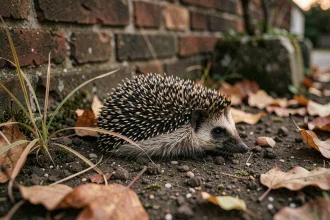 Crotte de hérisson sur sol de jardin urbain entourée de feuilles mortes et de terre, vue macro rapprochée