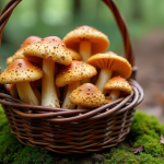 Panier rustique avec chanterelles et girolles fraîches en forêt