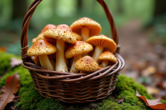 Panier rustique avec chanterelles et girolles fraîches en forêt