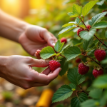 Mains de jardinier cueillant une framboise verte dans un jardin automnal
