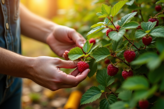 Mains de jardinier cueillant une framboise verte dans un jardin automnal