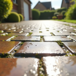 Zoom sur pavés fissures avec eau stagnante en drive