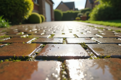 Zoom sur pavés fissures avec eau stagnante en drive