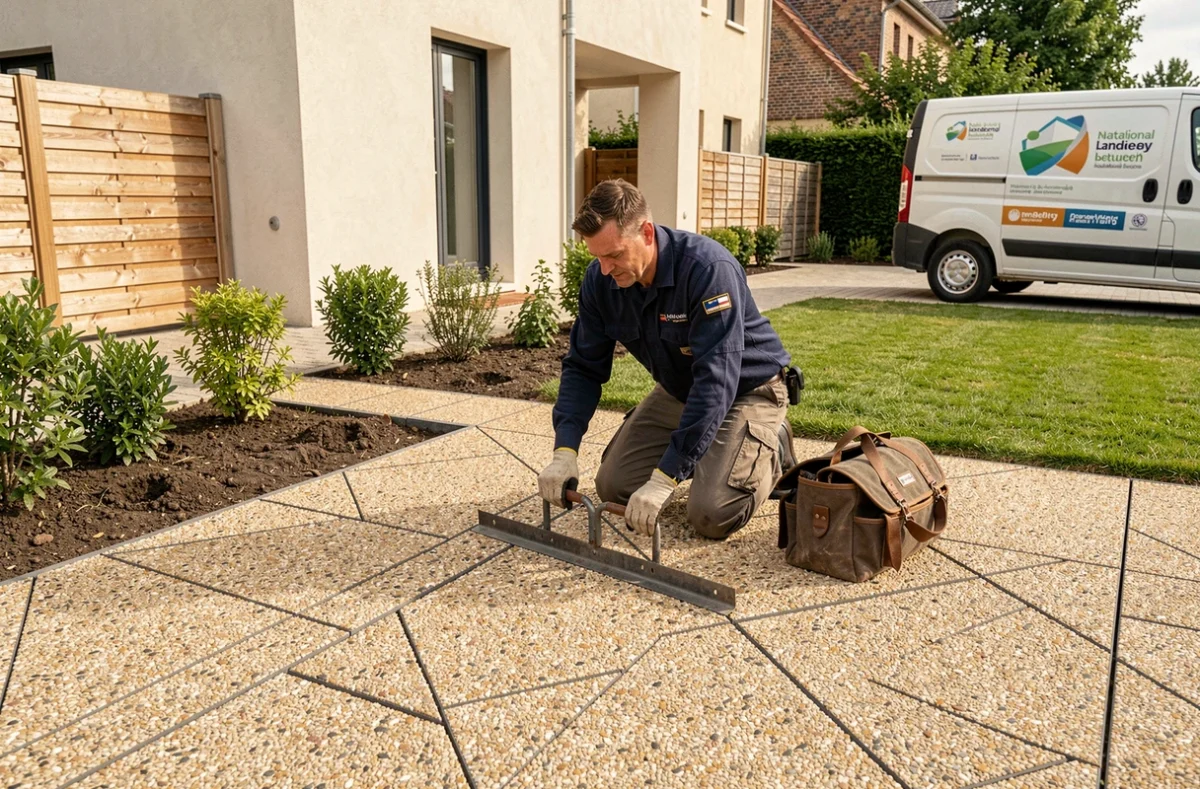 Technicien Daniel Moquet posant des pavés en résine sur une allée de jardin pavillonnaire