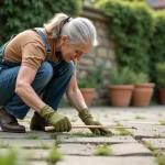 Femme qui désherbe un pavé autobloquant manuellement avec un outil écologique dans un jardin résidentiel