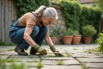 Femme qui désherbe un pavé autobloquant manuellement avec un outil écologique dans un jardin résidentiel
