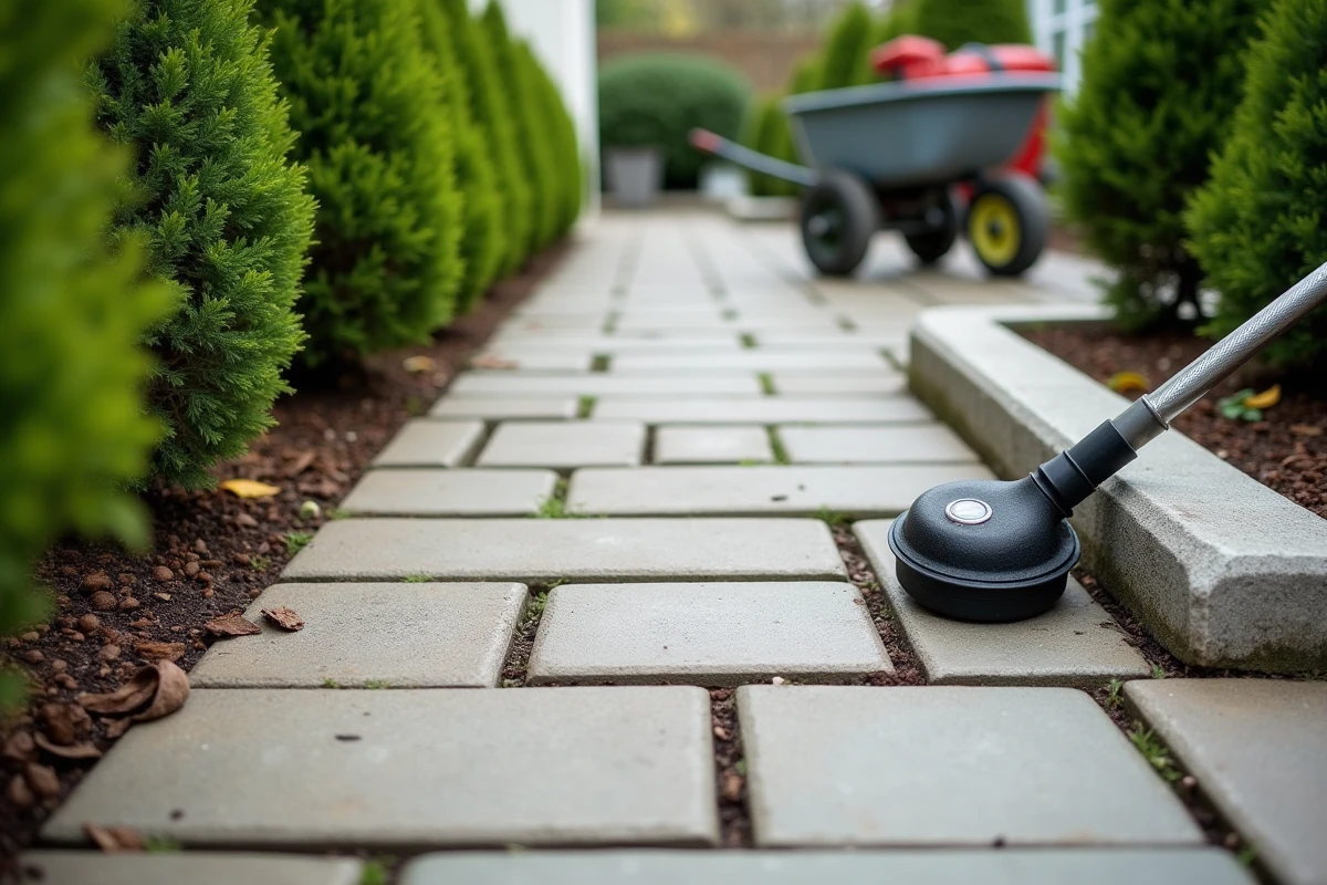 Allée de pavés autobloquants bien entretenus avec un désherbeur thermique écologique posé sur le bord, dans un jardin résidentiel français