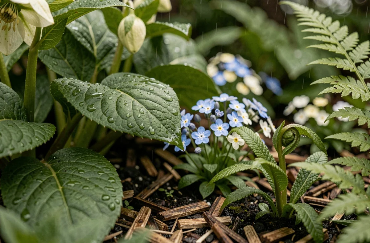 Gros plan sur hellébores, myosotis et fougères dans un massif ombragé de mai avec gouttes de pluie