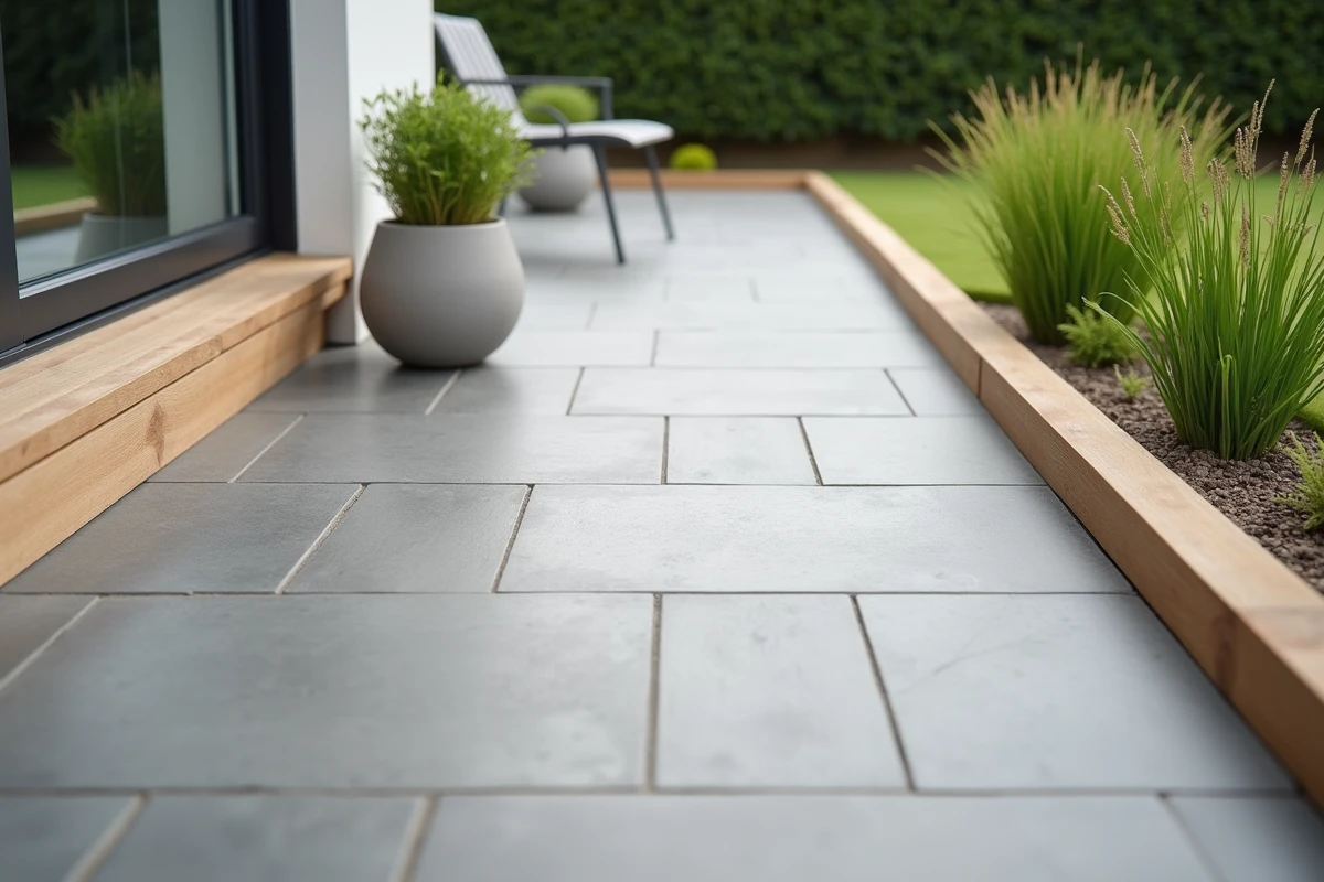 Détail de terrasse en carrelage grand format avec jardinières et mobilier sur l'extérieur d'une maison neuve