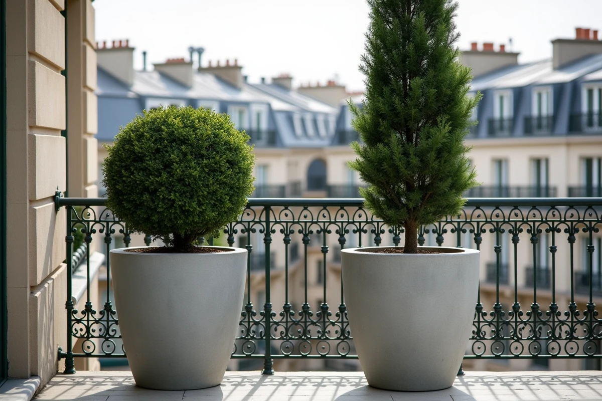 Deux grands pots extérieurs XXL en béton de 100 cm sur un balcon parisien avec arbres en topiaire et charme colonnaire