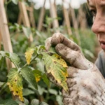 Jardinière examinant une feuille de tomate jaunie et tachée pour diagnostiquer une maladie ou une carence