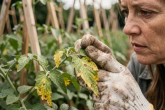 Jardinière examinant une feuille de tomate jaunie et tachée pour diagnostiquer une maladie ou une carence