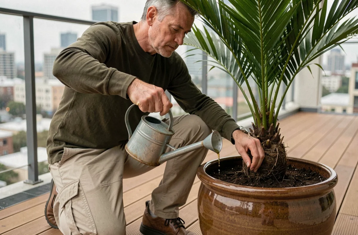 Homme dosant un engrais liquide pour palmier en pot sur un balcon urbain contemporain après rempotage