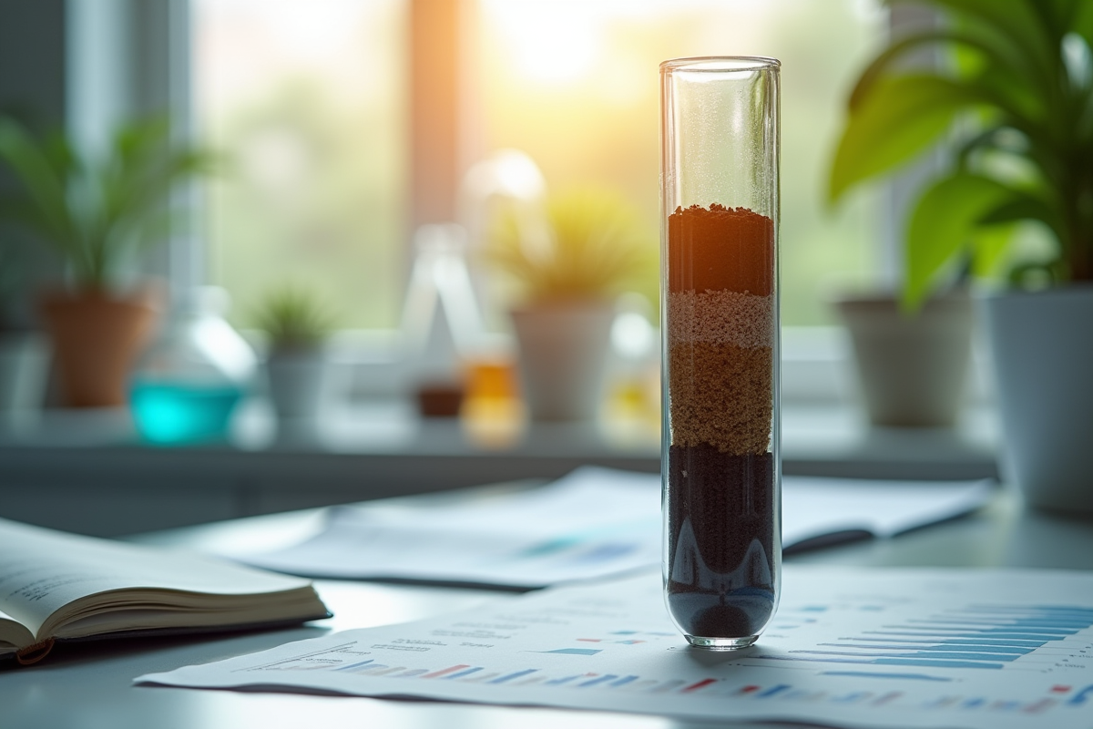 Gros plan sur un tube à essai avec couches de sol et équipements de laboratoire