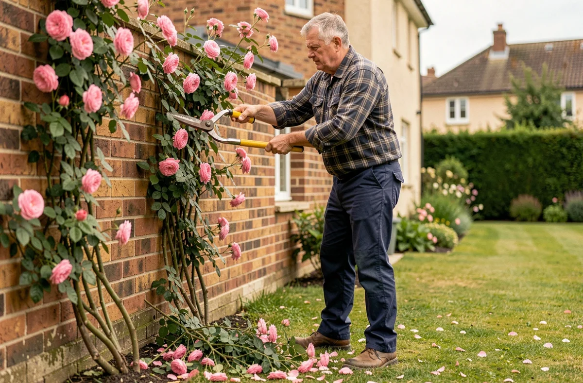 Artisan paysagiste indépendant de EIRL TRIGO DE AZEVEDO taillant un rosier grimpant sur un mur de jardin dans un quartier résidentiel de Sens avec des outils professionnels