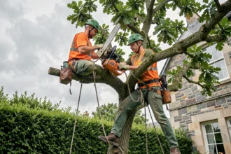 Élagueur professionnel en action dans un jardin breton, perché dans un grand chêne avec équipement de sécurité complet