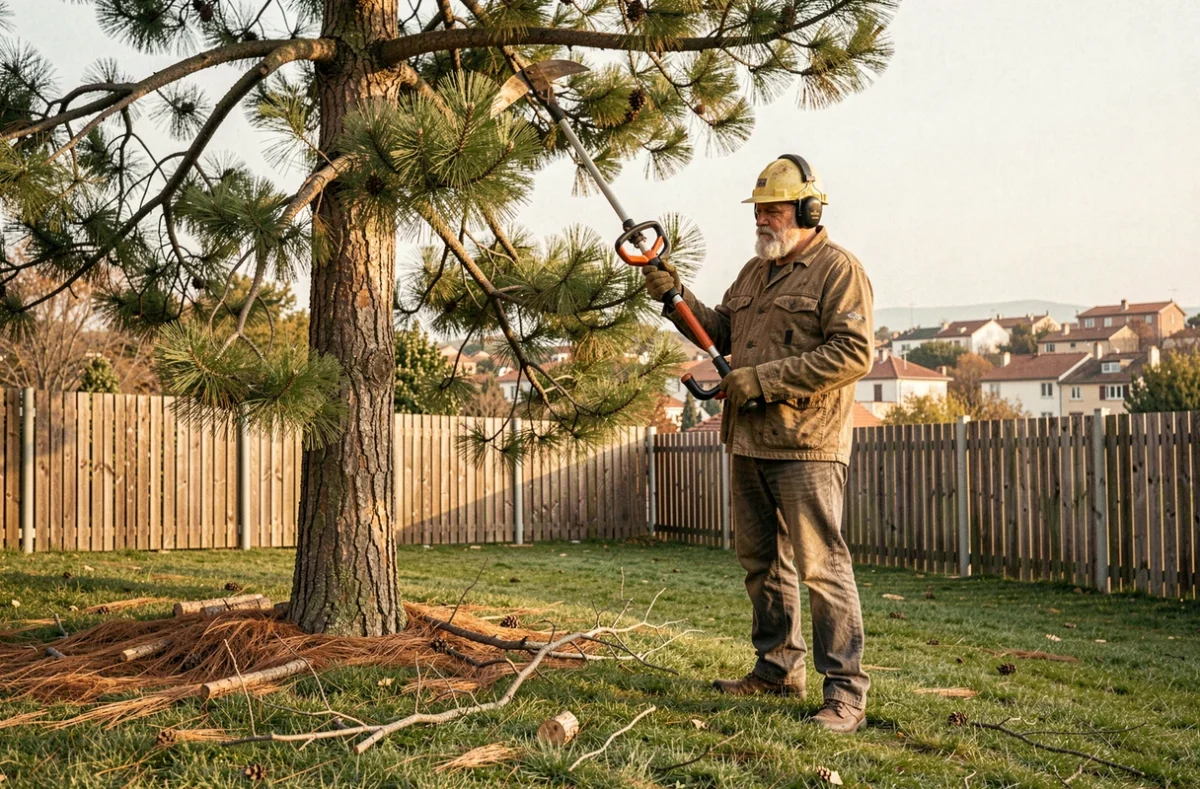Élagueur expérimenté taillant les branches basses d'un grand pin avec un émondoir à perche dans un jardin de Balma