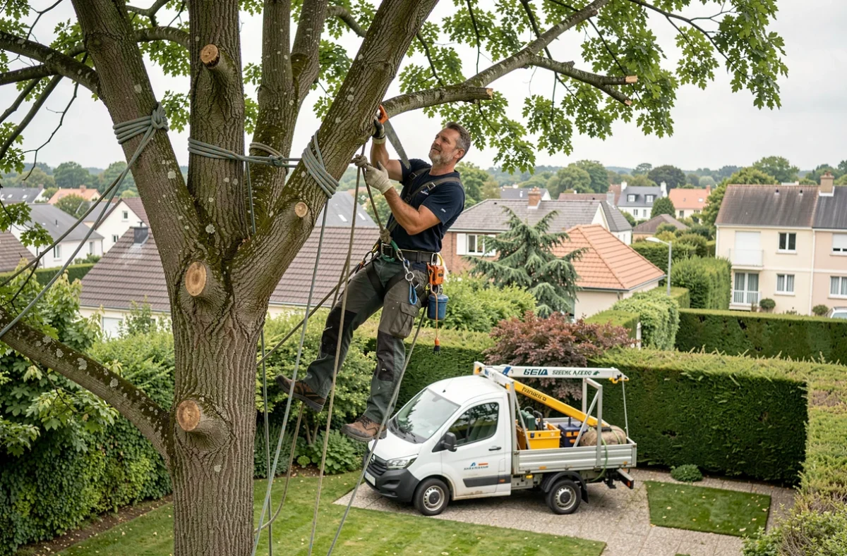 Élagueur en hauteur avec équipement de cordiste retirant une branche morte d'un tilleul à Clamart