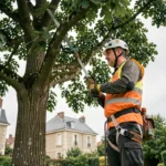 Élagueur professionnel en tenue de sécurité taillant un grand chêne dans un jardin résidentiel à Clamart