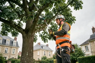 Élagueur professionnel en tenue de sécurité taillant un grand chêne dans un jardin résidentiel à Clamart
