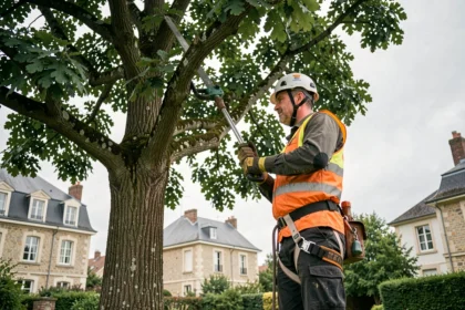 Élagueur professionnel en tenue de sécurité taillant un grand chêne dans un jardin résidentiel à Clamart